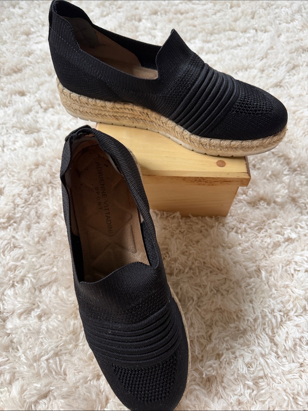 Adrienne Vittadini Sport Black Knit Espadrille Wedge Slip-Ons